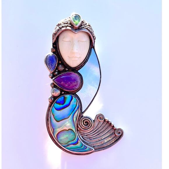 925 Silver Sajen Mermaid PIN PENDANT Abalone Shell Multi Gemstone Bali Goddess - Picture 10 of 10